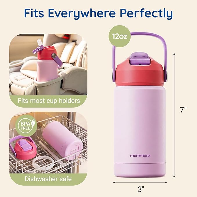 Mommore Kids Water Bottle 12 oz, Insulated Stainless Steel Water Bottle with Straw, Leakproof & BPA-Free, Vacuum Insulated Travel Water Bottle for School, Outdoor Green-1 Pc