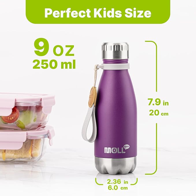 9 oz Small Water Bottle for Kids - Stainless Steel Vacuum Insulated Water Bottle for School-Cola Shape Sports Water Flask Leak Proof (Dark Purple)