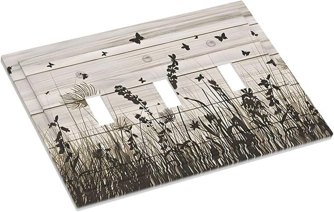 Wildflower Butterfly Grass Dandelion Vintage Wooden Print Decorative Switch Plates 3 Gang Wall Plate Triple Toggle Light Switch Cover Faceplate Electrical Wall Panels for Farmhouse Home Decor