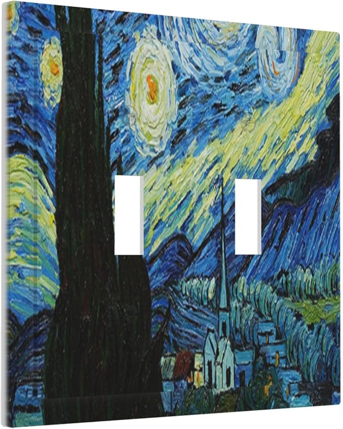 Van Gogh The Starry Night Double Toggle Switch Cover - 2-Gang Standard US Size Post-Impressionist Masterpiece Light Switch Covers, Swirling Night Sky for Living Room Decor