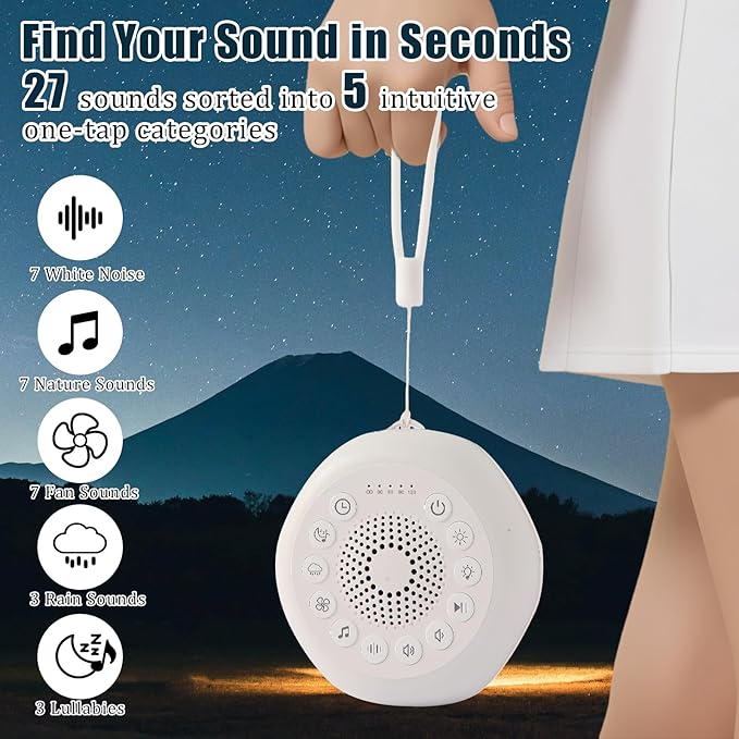 Syaws Portable Sound Machine,White Noise Machine with 27 Soothing Sounds,7 Color Night Light with Nursery Lamp,Child Lock Design,5 Sleep Timer with 18 Levels of Volume,USB C Rechargeable