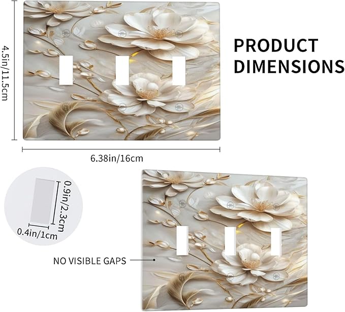 Decorative Art Light Switch Covers Elegant White and Gold Florals 3 Gang Triple Toggle Wall Plate Decorative Switch plate Electrical Faceplate for Home Decor
