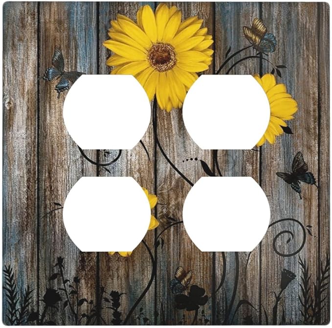 Rustic Barn Sunflower Wooden Daisy Flower Plank Outlet Covers 2 Gang Double Duplex Decorative Light Switch Covers Electrical Wallplates Socket Faceplate for Farmhouse Home Decor