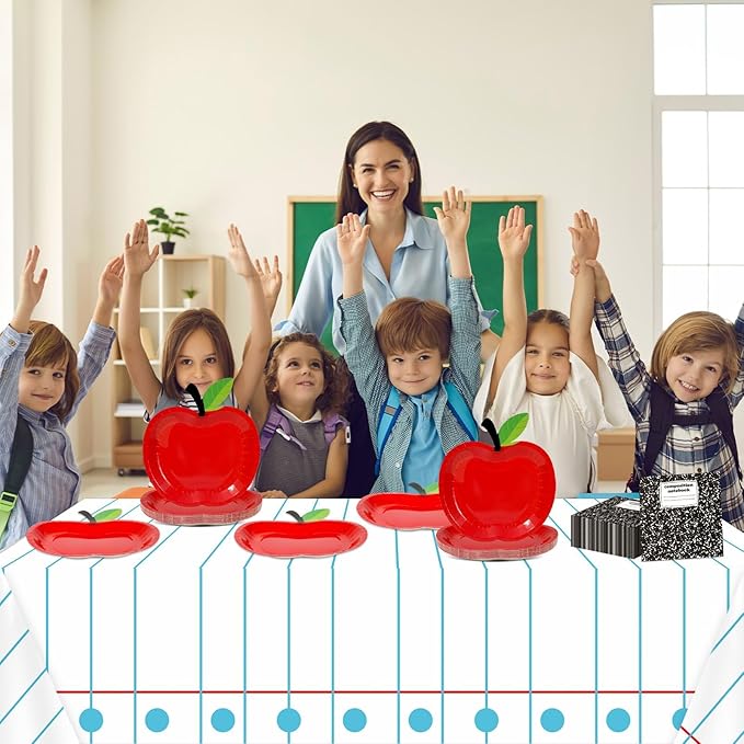 Back to School Party Supplies Serves 24 First Day of School Decorations Party Paper Plates Napkins Red Apple Composition Notebook Disposable Tablecloth Set Tableware Kit for Preschool Teacher Party