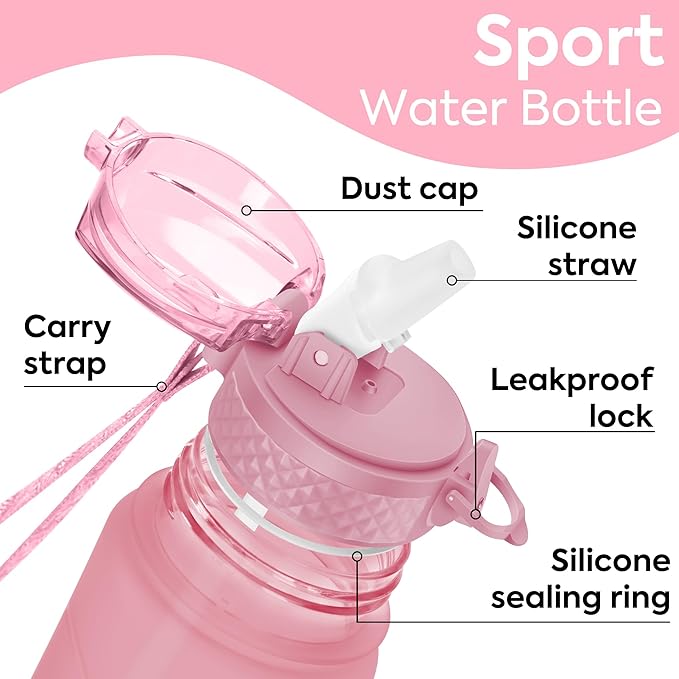 OLDLEY Kids Water Bottle with Straw 15 oz BPA-Free Leak-Proof Motivational Water Bottles with Time Marker for School Sports Travel Gym, Easy to Use for Girls Goys, 1 Straw Lid, Candy Pink/Blueberry