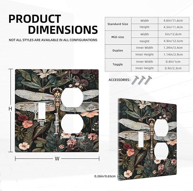 Vintage Dark Green Dragonfly Flowers Floral Botanical Wallplates 1 Toggle 1 Duplex Switch Plate Electrical GFCI Faceplate Decorative Light Switch Covers for Farmhouse Home Decor