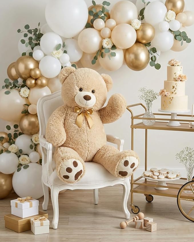 MaoGoLan Giant Teddy Bear Stuffed Animal, 39" Large Tan Teddy Bear Plush Toy with Cute Bow Tie & Footprints, Soft Sunggle Bear Plushies Gift for Kids Grilfriend Wife on Christmas Birthday Baby Shower