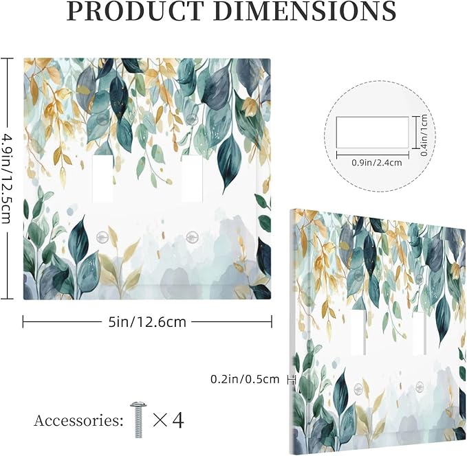 Boho Goldgreen Leaf Botanical Eucalyptus Leaves Decorative Switch Plates 2 Gang Double Toggle Outlet Light Switch Cover Wall Plate Electrical Faceplate for Bedroom Living Room Decor