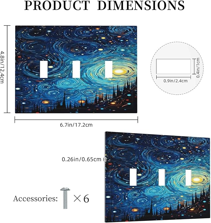 Decorative Light Switch Cover Plate Abstract Starry Night Style 3 Gang Wall Plate Triple Toggle Switch Plate Covers Electrical Outlet Cover for Home living Room Decor