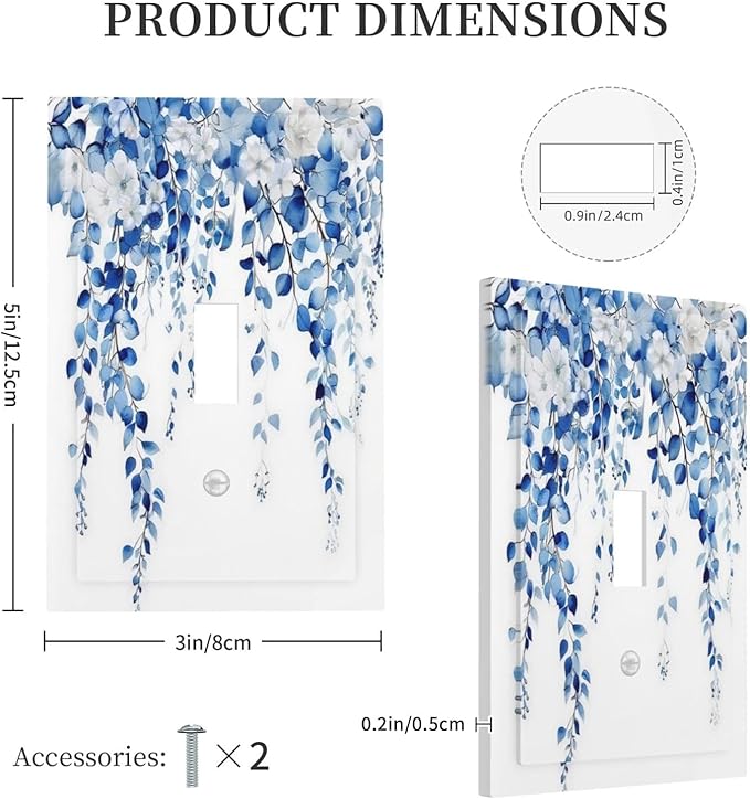 Blue Eucalyptus Leaves Floral Vine Flower Decorative Light Switch Cover 1 Gang Single Toggle Device Electrical Faceplate Switchplates Decorator Outlet Wall Plate for Bedroom Living Room Decor