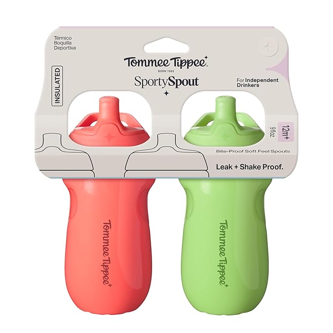 Tommee Tippee Insulated 9oz Sporty Spout Toddler Water Bottle, No Spill, Sippy Cups for Toddlers 1-3, Two-Piece Valve Helps Stop Spills, Green & Red, BPA Free, Pack of 2