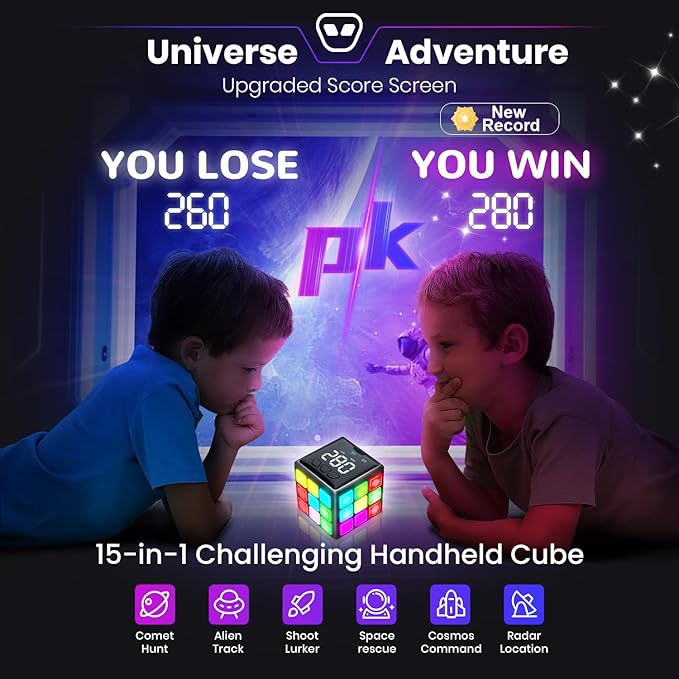 Xinbeiya Rechargeable Handheld Cube with Games - 15 Fun Brain & Memory Games with Score Screen for Kids Teens - Christmas Easter Birthday Gifts for Boys Girls Ages 6-12+ Years Old (Black)