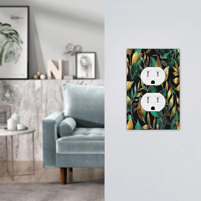 Outlet Covers Vintage Dark Green Vine Leaf Golden Plants 1 Gang Duplex Light Switch Cover Decorative Switch Plates Electrical Receptacle Faceplate Wall Plate for Bed Room Cabin Decor