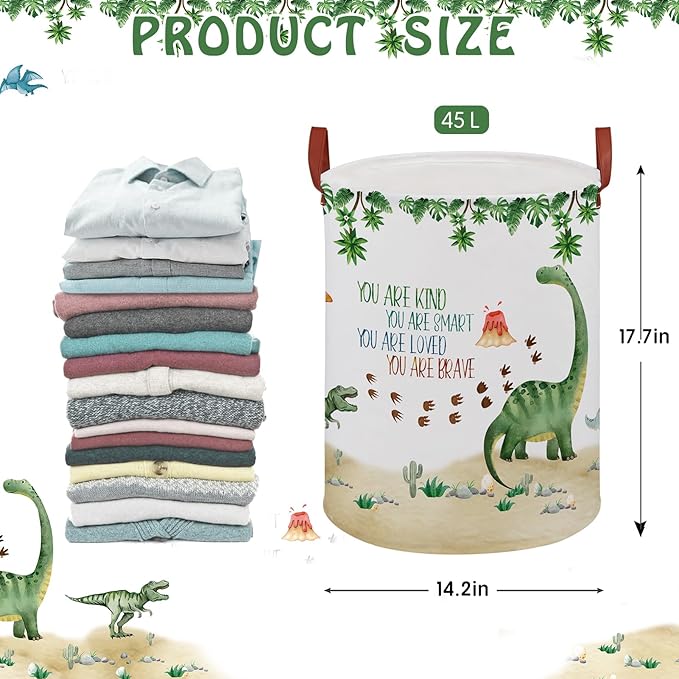 Dinosaur Nursery Decor Kids Laundry Basket Large Kid Storage Chest Trunk Woodland Stone Volcano Book Shelf Basket Collapsible Clothes Toy Bin for Baby Rectangle Hamper,45L(Green Dinosaur)
