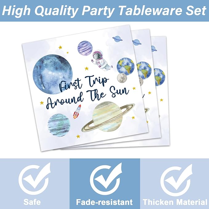 96 PCS First Trip Around The Sun Birthday Party Decorations Outer Space Themed Decorations 1st Space Birthday Dinner Paper Plates Boho Solar System Napkins Forks Sun Theme Party Favors Supplies