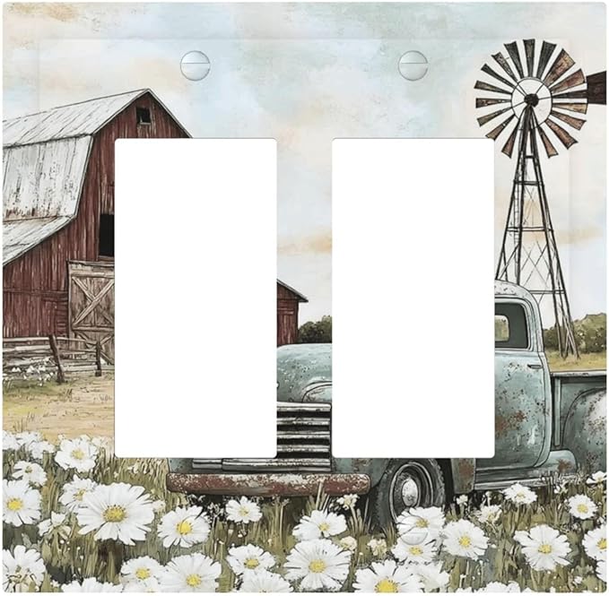 Retro Trucks Old Barn Windmill Teal Car Rustic Decorative Outlet Covers 2 Gang Double GFCI Rocker Electrical Wall Panels Light Switch Cover Plate for Farmhouse Home Decor