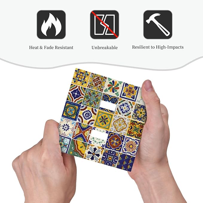 Yellow Talavera Kitchen Mexican Tile Toggle Light Switch Cover Boho Floral Mosaic Ceramic 2-Gang Electrical Decorator Dual Device Face Wallplate Decorative Double Switch Plate Covers Bathroom Decor