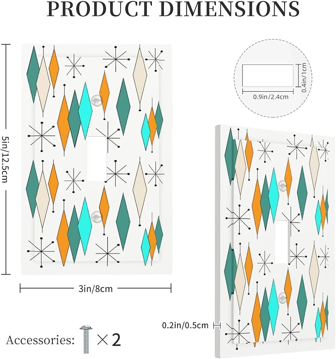 Modern Boho Geometric Atomic Diamond Stars Art Light Switch Cover 1 Gang Abstract Funny 1960S Teal/Green/Aqua/Blue Plaid Pattern Single Device Toggle Decorative Outlet Switch Wallplate Faceplate Cover