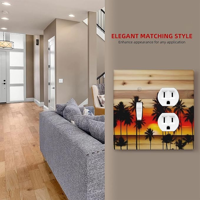 Sunset Beach Coconut Palm Tree Wooden Background Wallplates 1 Toggle 1 Duplex Switch Plate Electrical GFCI Faceplate Decorative Light Switch Covers for Bedroom Living Room Decor