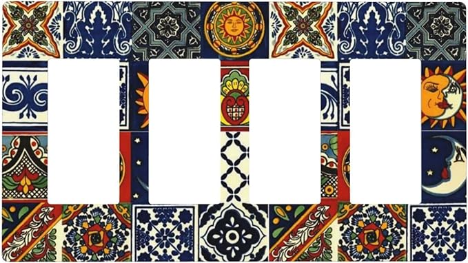 Boho Moroccan Mandala Mexican Tiles 4 Gang Quad Rocker Light Switch Cover Decorative Quadruple Device GFCI/Decorator Wall Plate Electric Faceplate Screwless