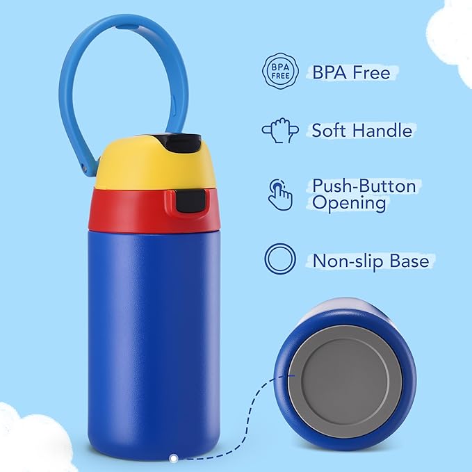 12 oz Water Bottle Insulated, 304 Stainless Steel Insulated Kids Water Bottle with Straw, 2-in-1 Lid Toddler Cups for School Boys Girls, BPA-Free, Leak-Proof, Great for Sport, Travel, Technology Blue