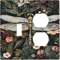Vintage Dark Green Dragonfly Flowers Floral Botanical Wallplates 1 Toggle 1 Duplex Switch Plate Electrical GFCI Faceplate Decorative Light Switch Covers for Farmhouse Home Decor