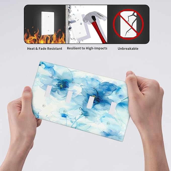 Watercolor Flower Blue White Large Floral Leaf Plants Light Switch Covers Quad Toggle Electrical Faceplate 4 Gang Wall Plate Decorative Switch Plates Cover for Bedroom Living Room Decor