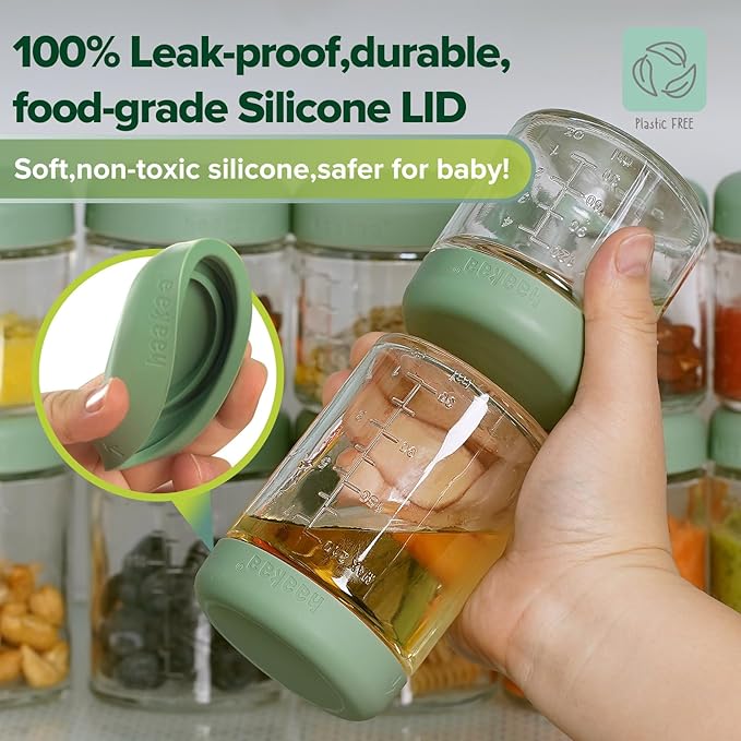 haakaa Baby Food Storage Containers Set,100% Leak-Proof Glass Baby Food Jars with Silicone Lids, Fridge –Freezer & Microwave Safe,4 PCS 7 oz,Pea Green