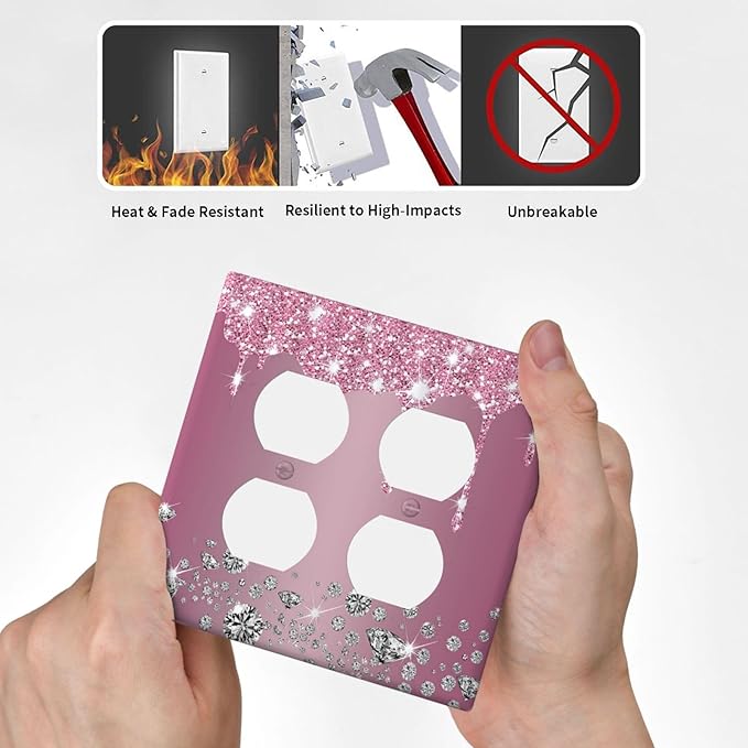 Decorative Outlet Covers Sparkling Diamonds Pink Silver Glitter Drops 2 Gang Wall Plate Cover Double Duplex Receptacle Two Switch Light Switch Cover Plate Jumbo Dual Face Plate
