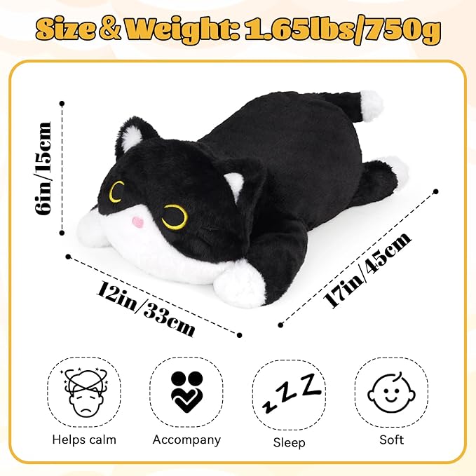 Weighted Cat Stuffed Animal,Cute Black and White Tuxedo Cat Plush Soft Weighted Plushies, Cuddleable Sensory Comfort Pillow for Kids Boys Girls Christmas Birthday Gift，17in 1.6lbs