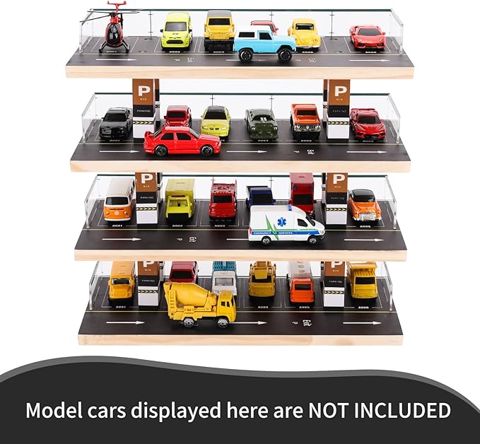Saichotoy Display Case for Hot Wheels & Matchbox, 1/64 Scale Diecast Toy Car Storage, Parking Garage Diorama - Freestanding Storage with 4 Levels 24 Spots Maximum 40 Cars
