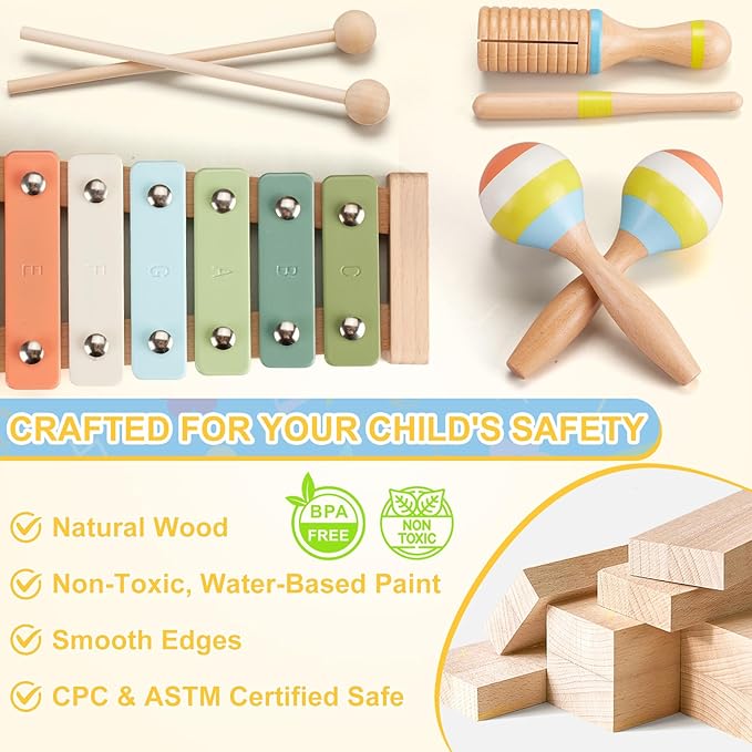 Baby Musical Instruments Set Montessori Wooden Music Toys for Toddlers 3 4 5 Neutral Color Percussion Music Kit with Drum, Xylophone,Storage Bag, Birthday Preschool Learning Gift for Boys Girls