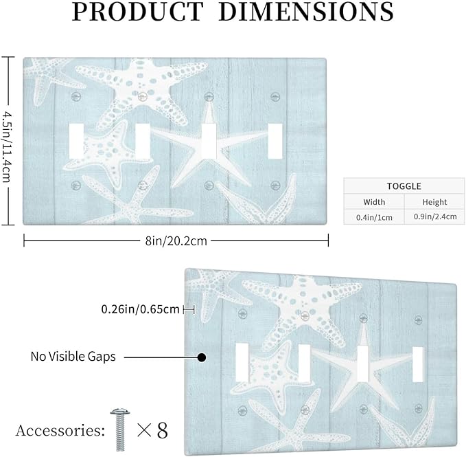 Beach Starfish Vintage Wood Rustic Country Ocean Light Switch Covers Quad Toggle Electrical Faceplate 4 Gang Wall Plate Decorative Switch Plates Cover for Farmhouse Kids Room Decor
