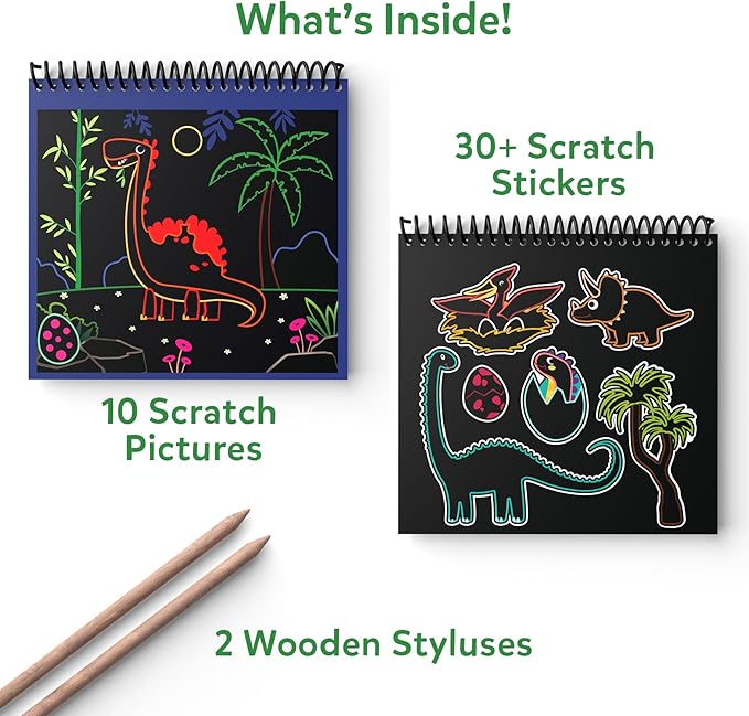 Skillmatics Scratch Art Book for Kids - Dinosaurs, Craft Kits & Supplies, 30+ Scratch Stickers, Travel Toys, DIY Kit, Gifts for Boys & Girls Ages 3, 4, 5, 6, 7, 8