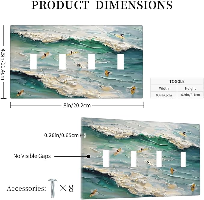 Beach Waves Ocean Surfing Hoverboard Painting Print Light Switch Covers Quad Toggle Electrical Faceplate 4 Gang Wall Plate Decorative Switch Plates Cover for Bedroom Living Room Decor