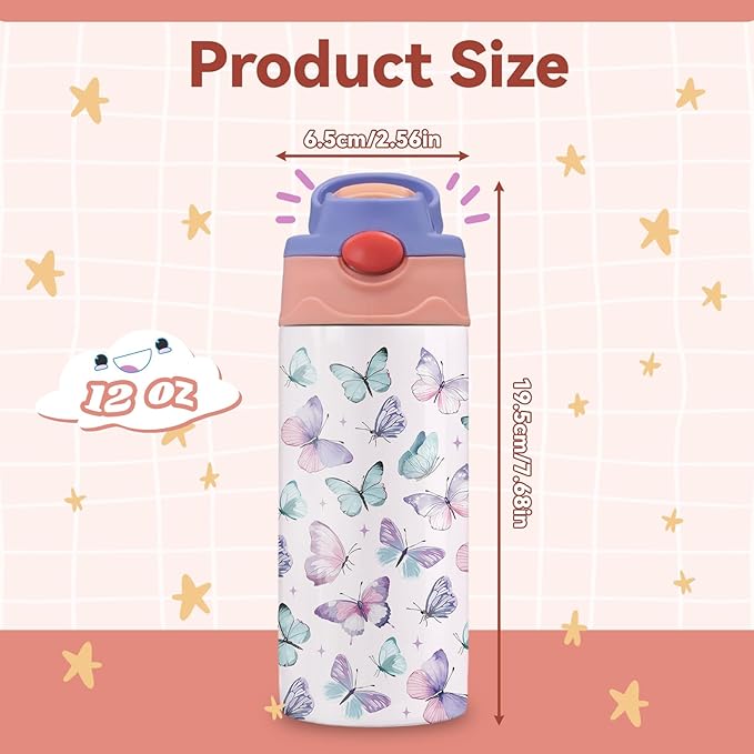 12oz Butterfly Kids Water Bottle, Colorful Butterflies Water Bottle for School, Kids Insulated Bottles with Straw & Handle, Leak-Proof, BPA-free, Straw Lid, Stainless Steel Bottles Gift Cup for Girls