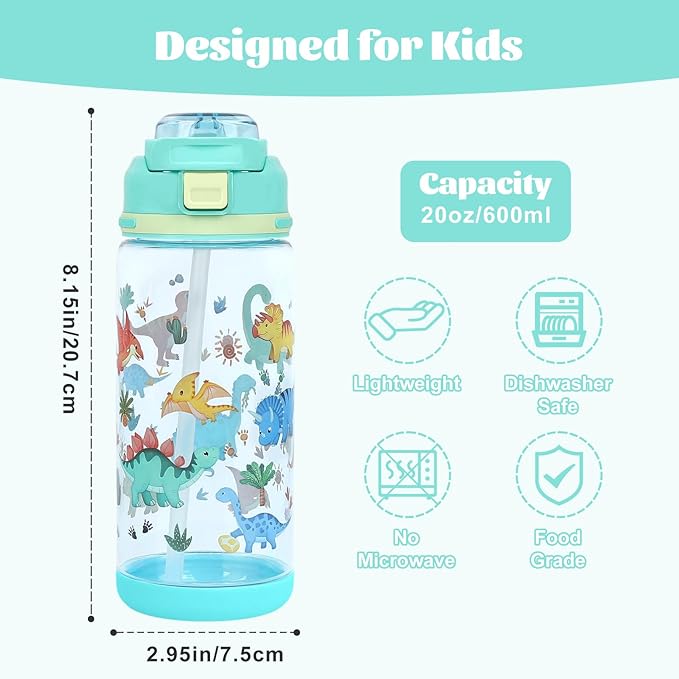 decalsweet Kids Water Bottle 20oz Durable Leak-Proof Plastic Water Cup for Kids Toddlers,With Straw Handle and Pop-Up Spout Cover,Safe for School Sports Daycare Travel & Camp