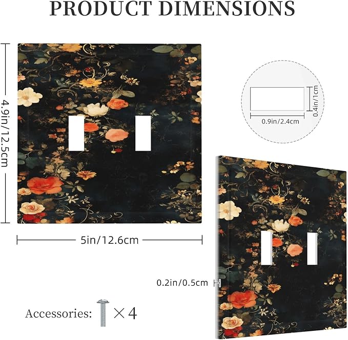 Vintage Orange Pink Black Roses Floral Flower Decorative Switch Plates 2 Gang Double Toggle Outlet Light Switch Cover Wall Plate Electrical Faceplate for Farmhouse Bedroom Decor