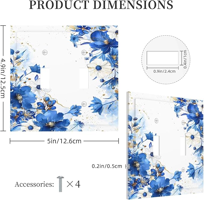 Klein Blue Flowers Watercolor Golden White Floral Decorative Switch Plates 2 Gang Double Toggle Outlet Light Switch Cover Wall Plate Electrical Faceplate for Bedroom Living Room Decor