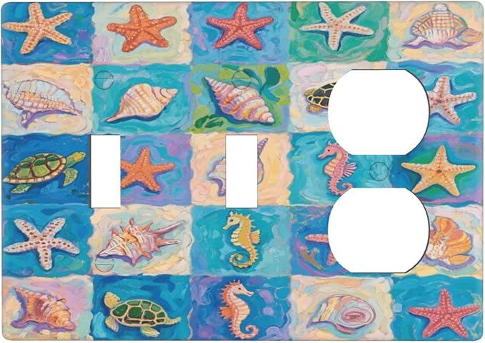 Sea Turtle Starfish Ocean 2 Toggle 1 Duplex Receptacle Outlet Cover Wall Plate Decorative 3 Gang Light Switch Covers Electrical Switchplate Home Decorate Faceplat for Bathroom Bedroom Kitchen Room