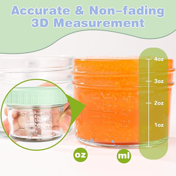 RowinsyDD 16 Pack Glass Baby Food Storage Containers, 4 oz Leakproof Baby Food Jars with Lids, Small Glass Food Containers for Infant Baby, Freezer & Microwave Safe, BPA Free