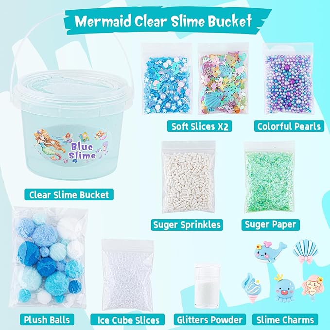 10 FL OZ Mermaid Clear Slime Kit, Blue Slime Bucket, Slimes Party Favors for Kids, Glimmer Crunchy Slimes Includes 9 Packs of Add-ins, Sensory Experience DIY Toys for Girls and Boys Ages 8-12