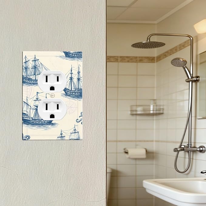 Vintage Nautical Ships Duplex Wall Plate - 1-Gang Standard US Size Old World Sailing Vessels Outlet Covers, Blueprint Design for Beach House Decor