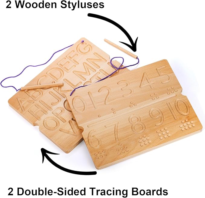 Suwimut Number & Letter Tracing Board, Portable Wooden Alphabet Learning Sensory Pad Board Montessori Toys for Kids Age 3-5, Double Sided Writing Tools for Beginner Preschool Classroom 3+ Years Old