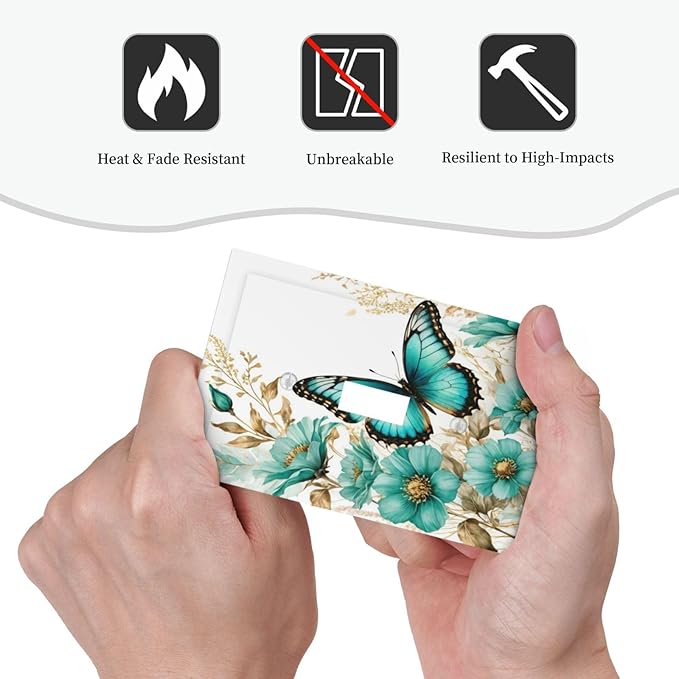 Decorative Light Switch Cover Plate - Butterfly on Blue Daisy Flower Floral Golden Leaf 1 Gang Oversized Single Toggle Wall Cover Jumbo Electrical Face Plate