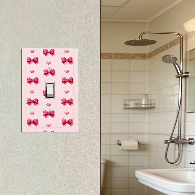 Pink Bow & Heart 1-Gang Toggle Light Switch Plate, Preppy Coquette Sweetheart Girly Decorative Wall Plate for Girls Room