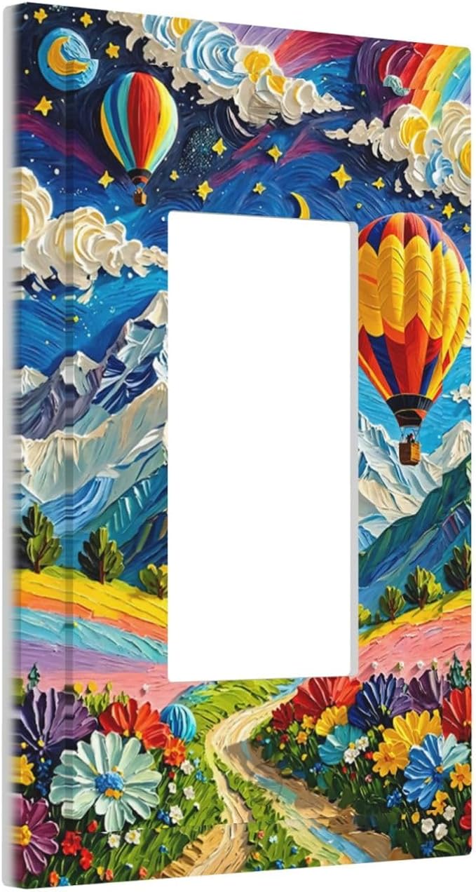 Hot Air Balloons Floral Vibrant Colors Flowers Mountains Stars Moon Decorative Outlet Covers 1 Gang Single Rocker Wall Plates Gfci Faceplate Light Switch Cover Plate for Bedroom Kids Room