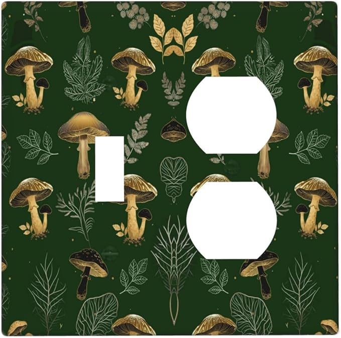 Decorative Outlet Covers Cute Gold Mushtroom Green Plant Leaf 2 Gang Light Switch Cover Plate Single Toggle Duplex Wall Plates for Electrical Outlets Switch Plate Covers for Home Decor