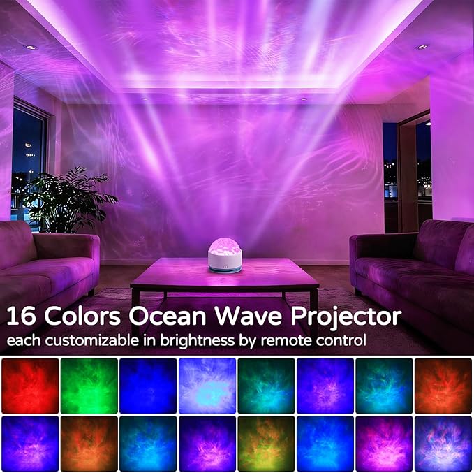 Ocean Wave Projector Light, Rechargeable 16 Color Ocean Lamp Ambient Lighting Night Light Projector Mood Lighting with Dimmable & Remote for Kids Bedroom Teen Girl Gift Room Decor - 2P