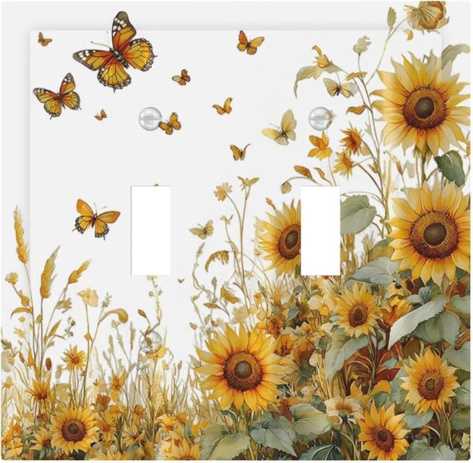 Sunflower Gold Wildflowers Summer Butterfly Decorative Switch Plates 2 Gang Double Toggle Outlet Light Switch Cover Wall Plate Electrical Faceplate for Bedroom Living Room Decor